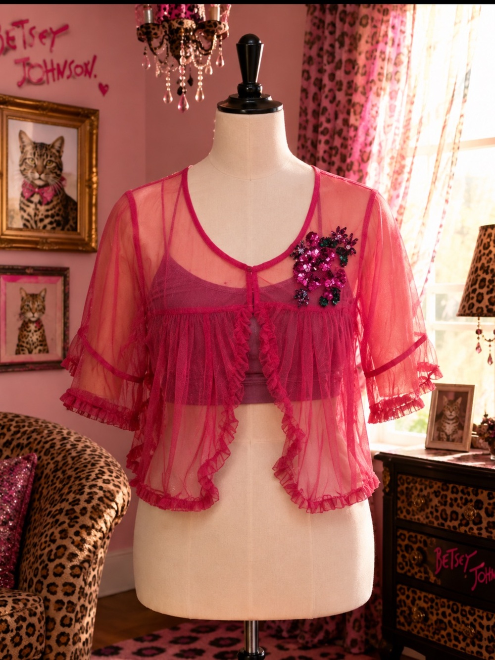 Betsey Johnson Hot Pink Sheer Ruffled Bolero with Sequin Floral Appliqué